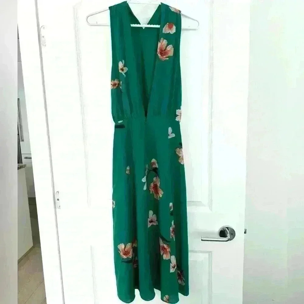 Aritzia Wilfred Emerald Green Low Back Floral Midi Dress  XS